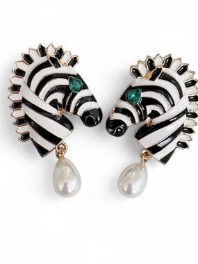 Zebra Enamel Drop Earrings with Pearl Accent - Black & White